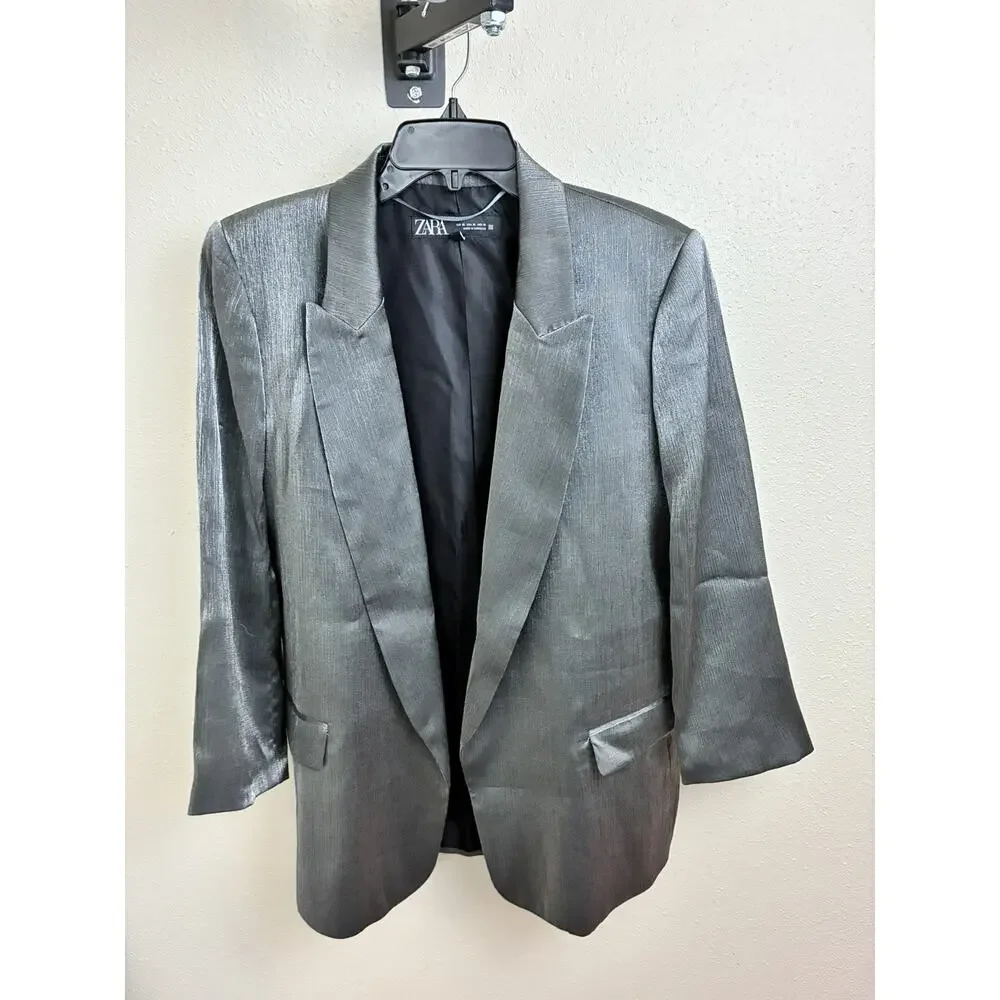 Zara Womens Blazer XL Textured Button Collar Shiny Metallic Party Silver